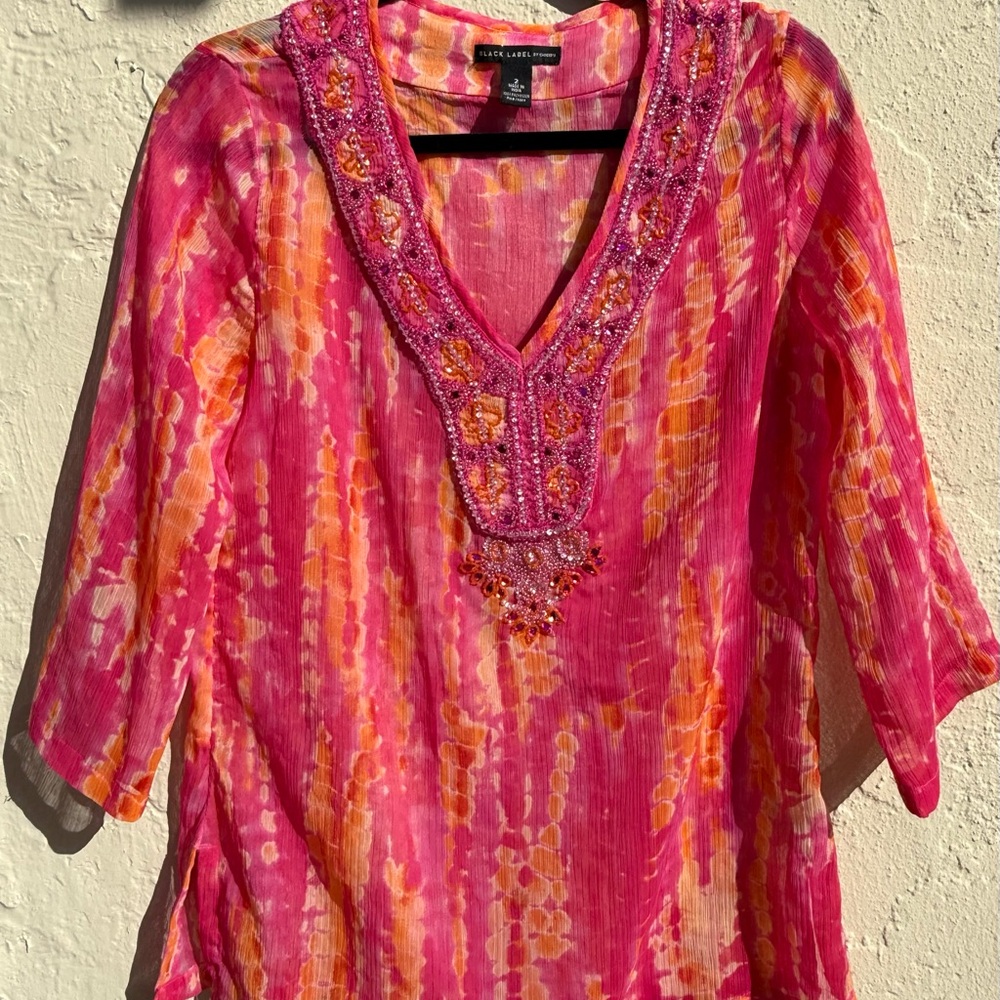 Chicos Black Label Pink and Orange Beaded Tunic